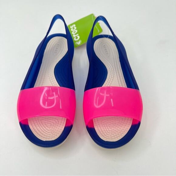 Crocs Cerulean colorblock pink blue slingback peep toe sandals shoes size 5 NEW - Picture 2 of 6